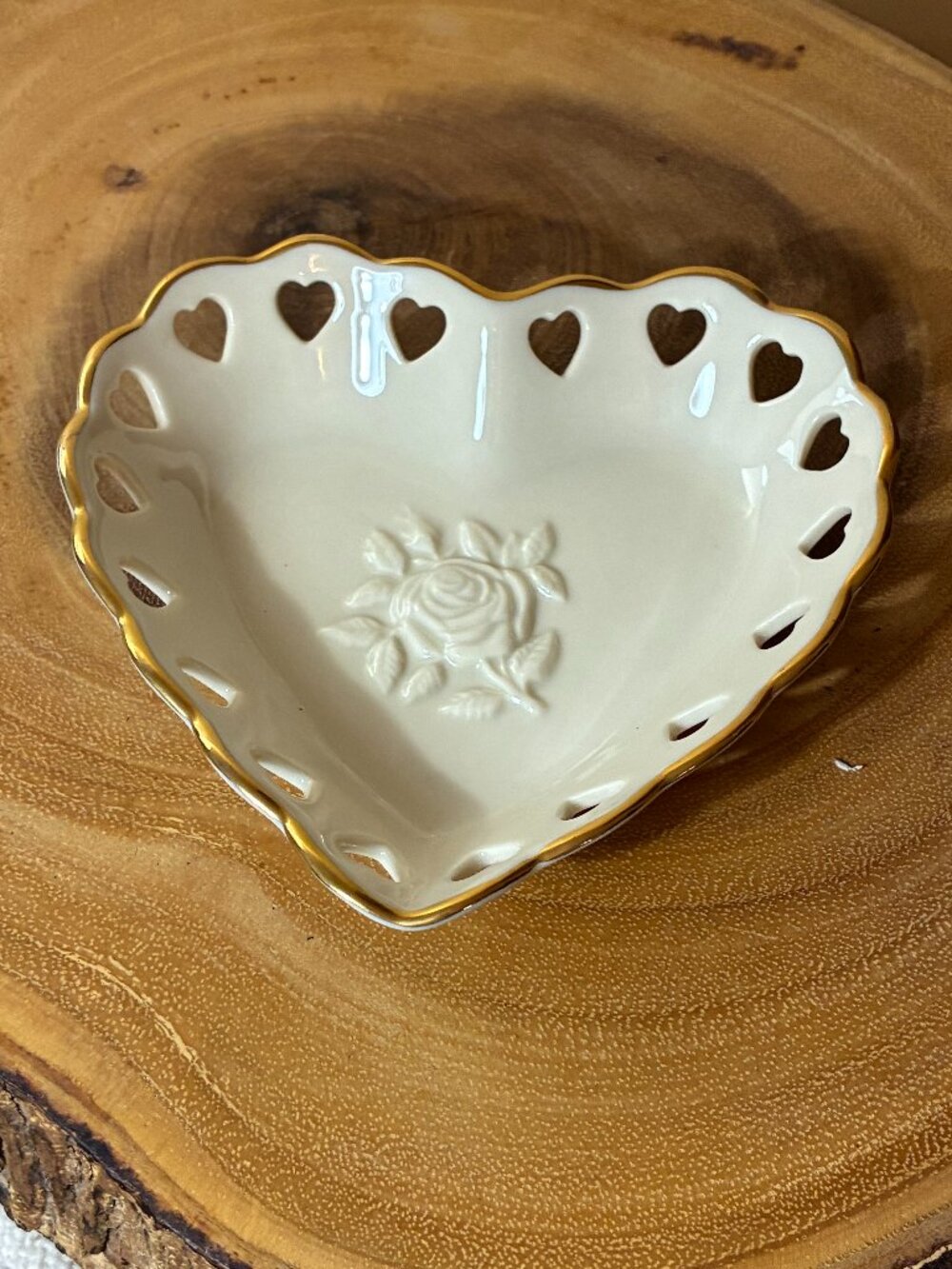 Vintage Lenox Heart Porcelain Trinket Dish Ivory Gold Rose Pierced Scalloped
